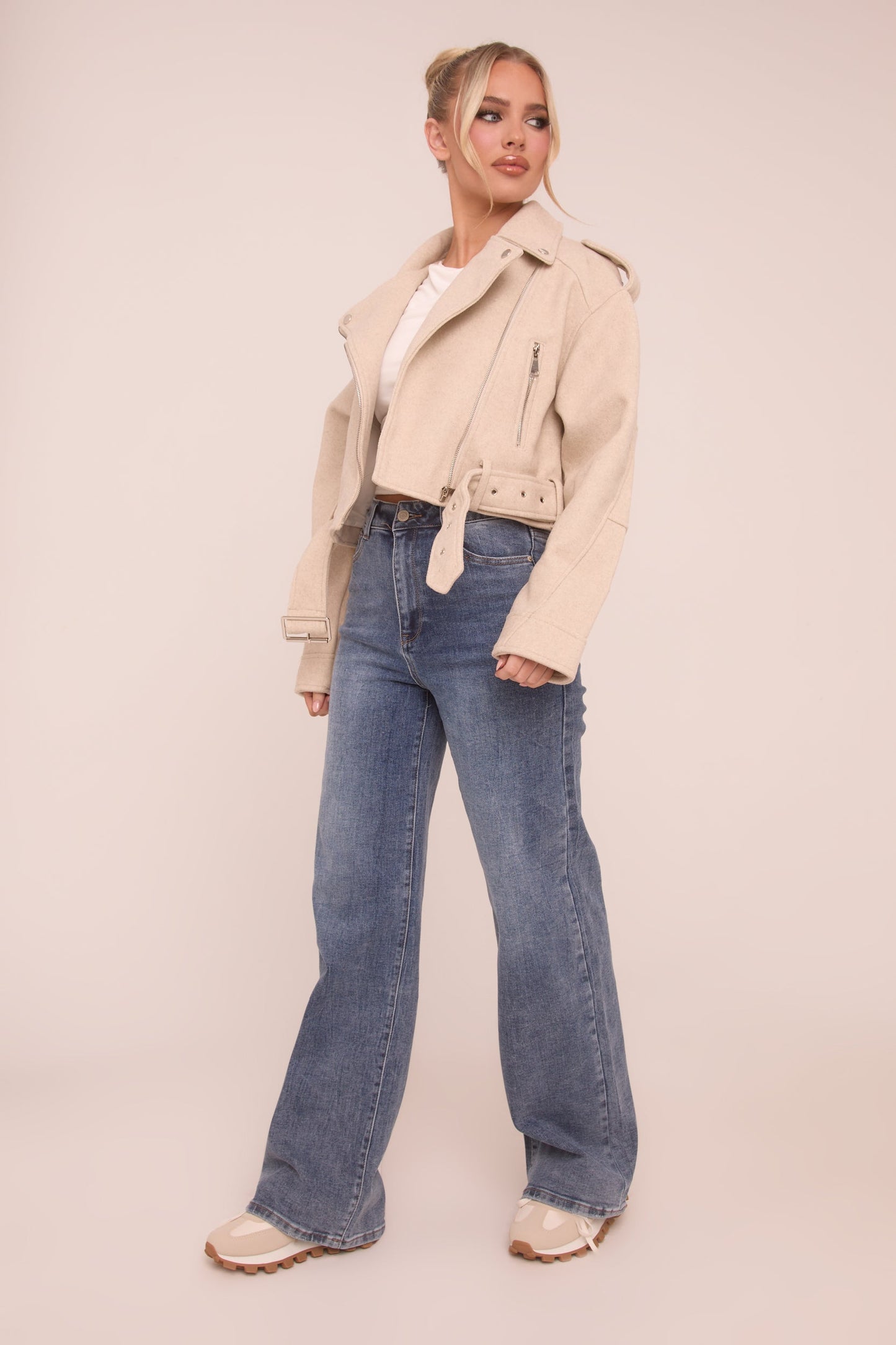 Beige Zip Detail Brushed Biker Jacket - Alisha