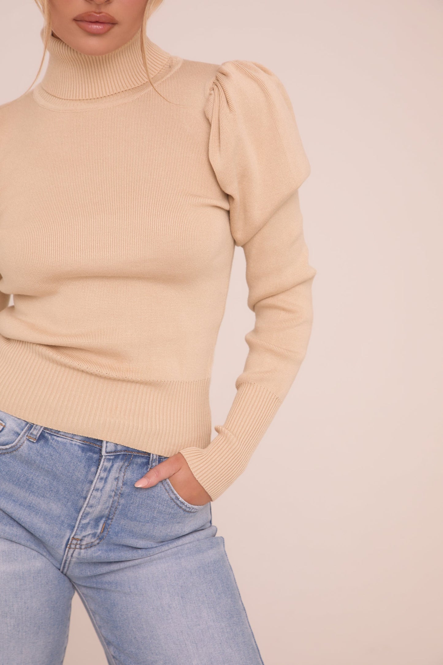 Beige Knit High Neck Puff Sleeve Jumper - Amanza