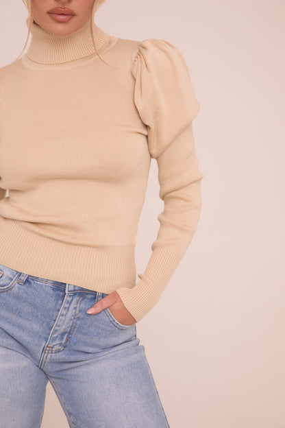 Beige Knit High Neck Puff Sleeve Jumper - Amanza