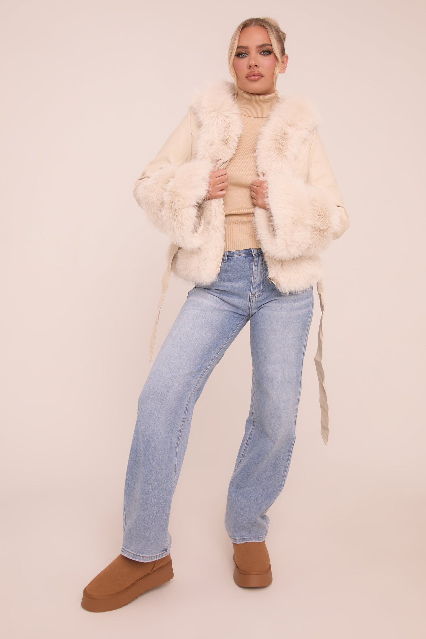 Beige Faux Leather Fur Trim Jacket - Casey