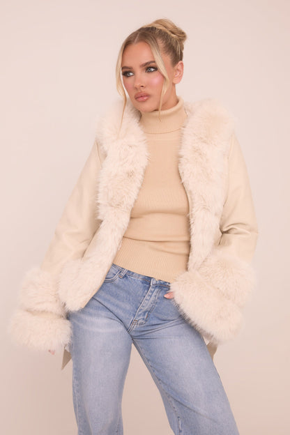 Beige Faux Leather Fur Trim Jacket - Casey