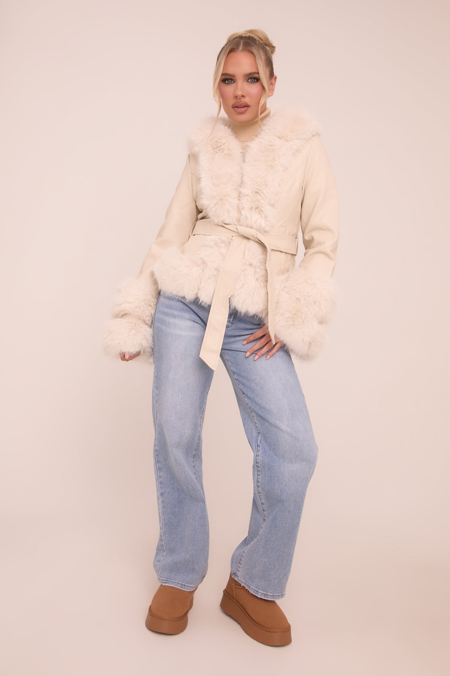 Beige Faux Leather Fur Trim Jacket - Casey
