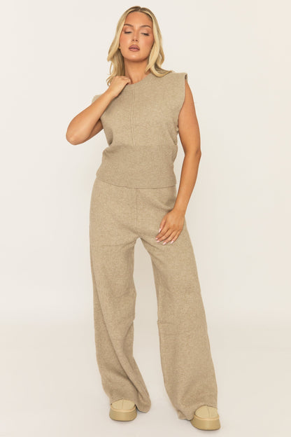 Beige Knitted Vest and Trouser Loungewear Set - Aziel