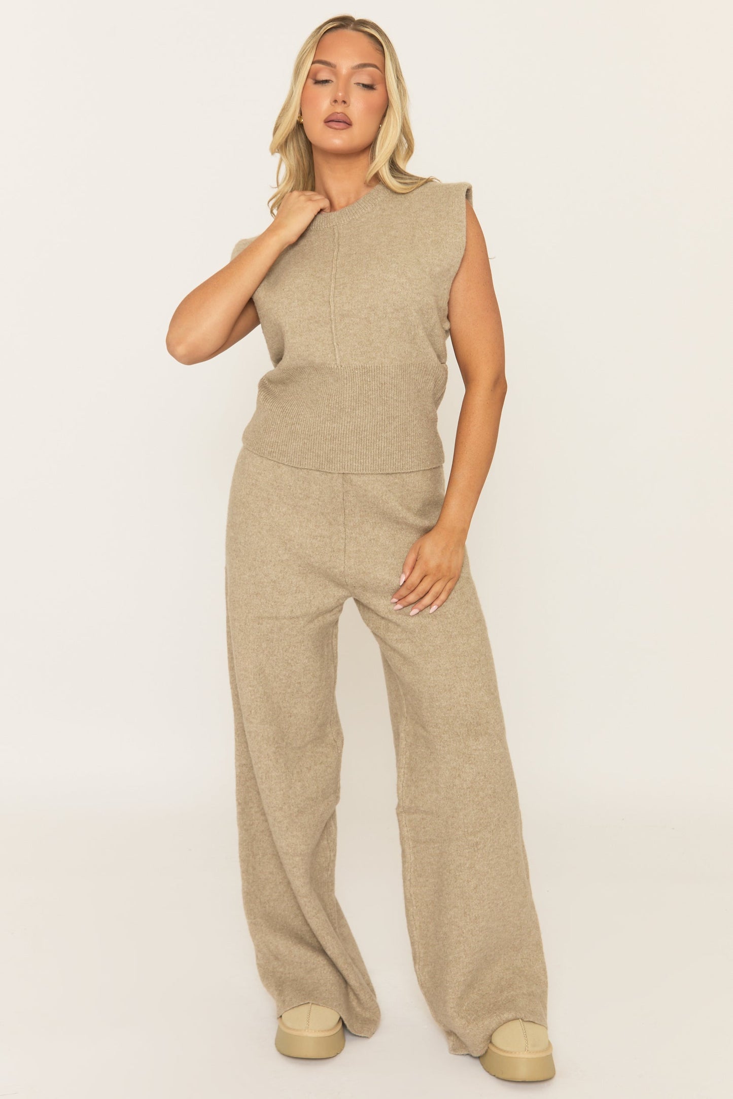 Beige Knitted Vest and Trouser Loungewear Set - Aziel