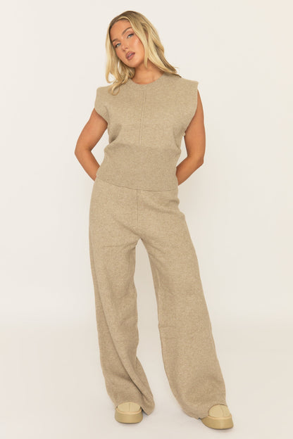 Beige Knitted Vest and Trouser Loungewear Set - Aziel