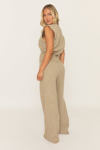 Beige Knitted Vest and Trouser Loungewear Set - Aziel