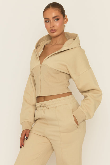 Beige Corset Fit Hoodie and Jogger Loungewear Set - Arria