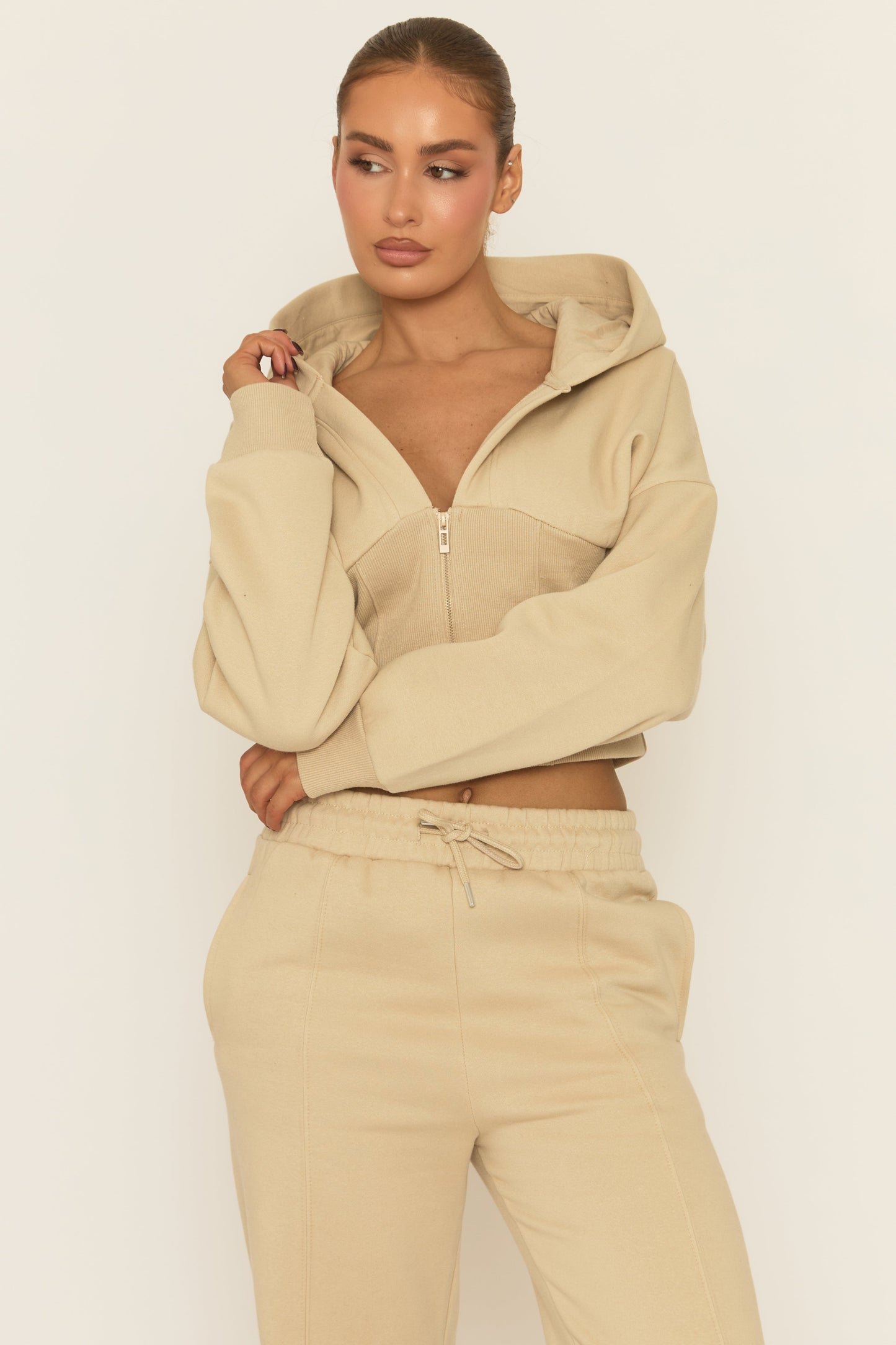 Beige Corset Fit Hoodie and Jogger Loungewear Set - Arria