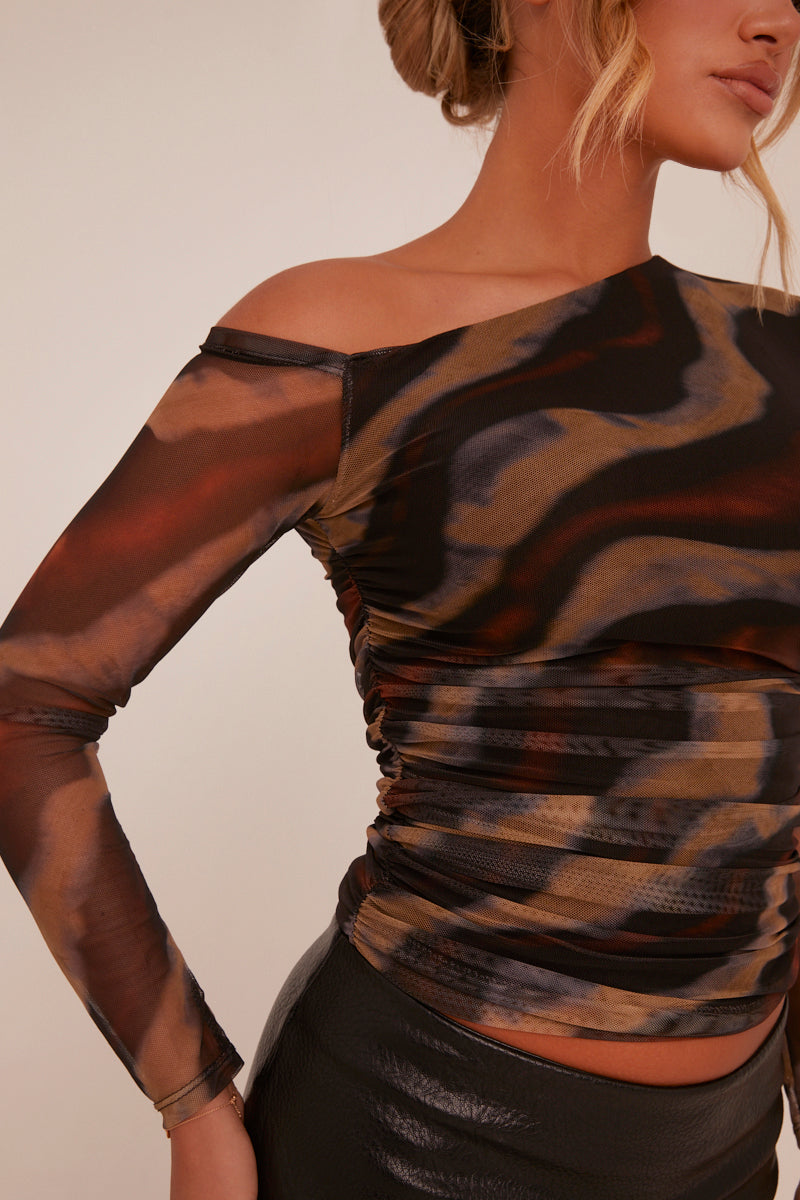 Black Abstract Print One Shoulder Long Sleeve Top - Haylee