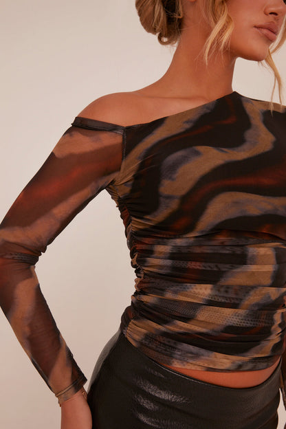 Black Abstract Print One Shoulder Long Sleeve Top - Haylee