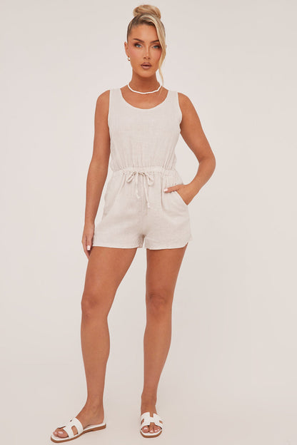 Beige Elasticated Waist Tie Back Playsuit - Jovee