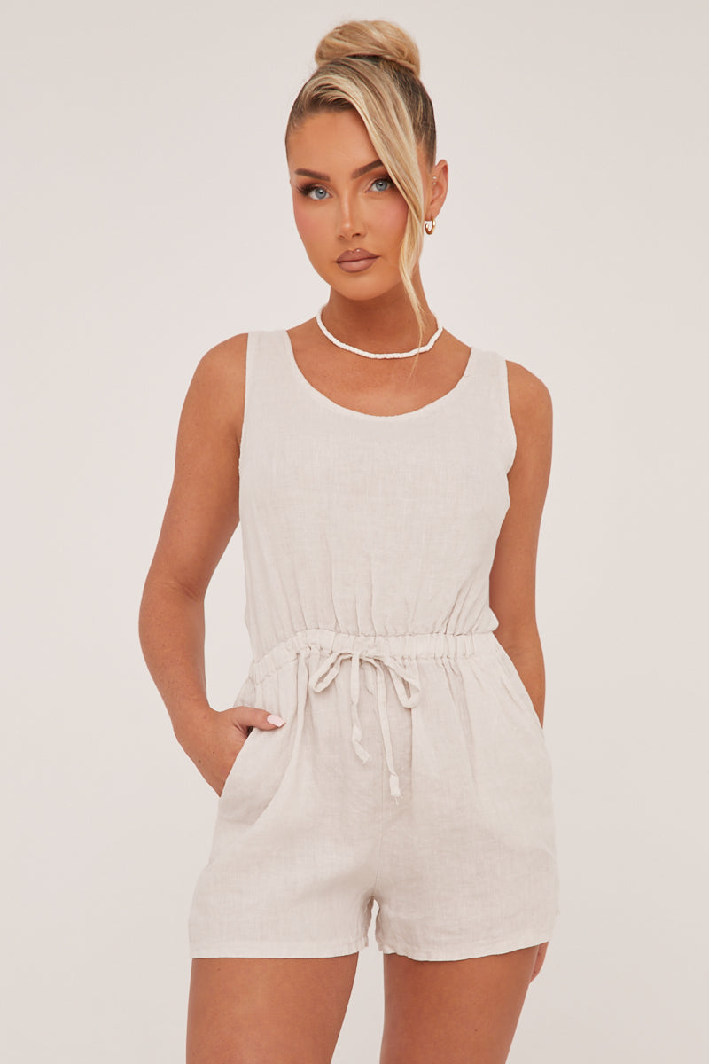 Beige Elasticated Waist Tie Back Playsuit - Jovee