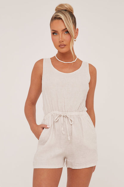 Beige Elasticated Waist Tie Back Playsuit - Jovee