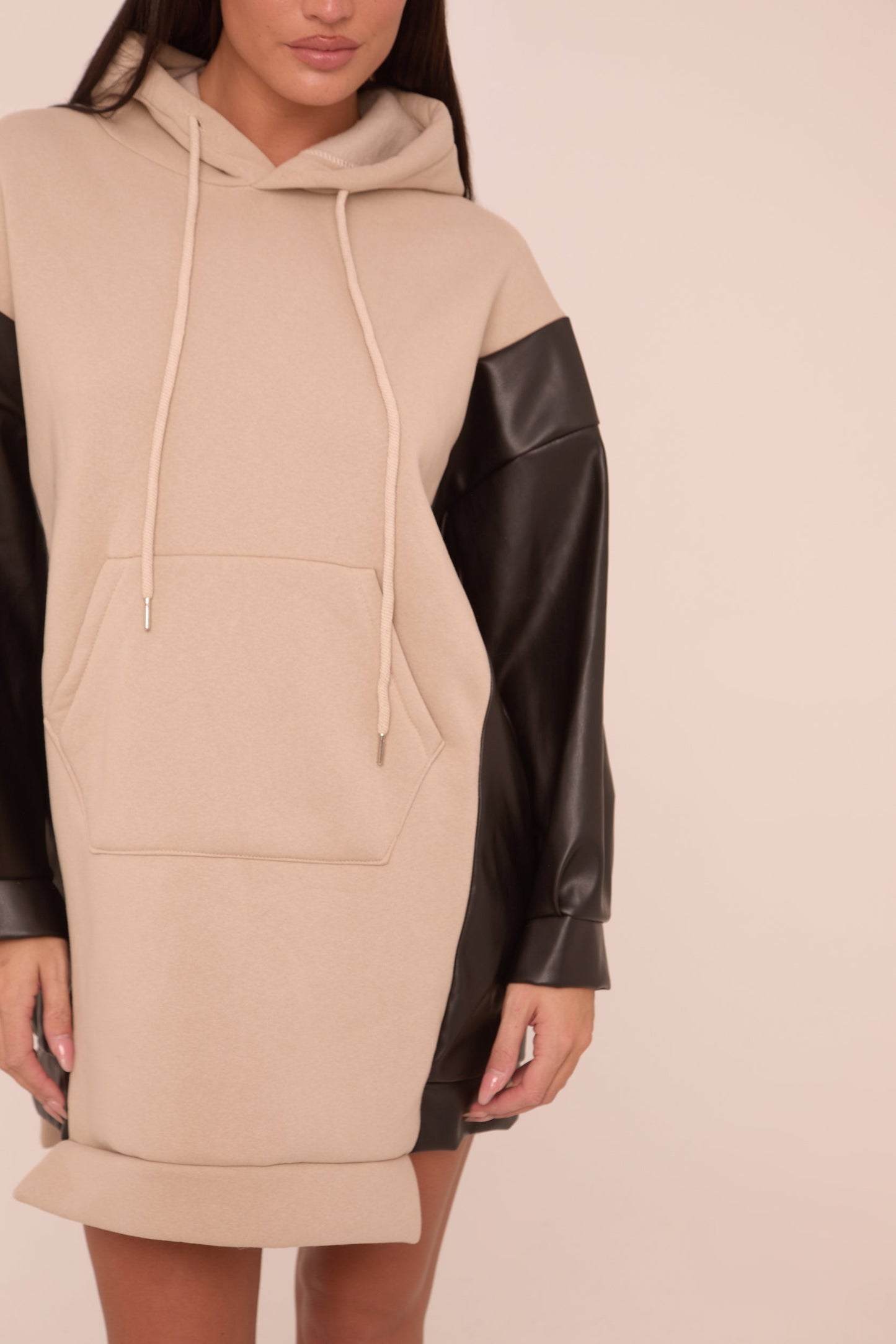 Beige Faux Leather Long Sleeves Hooded Jumper Dress - Kary