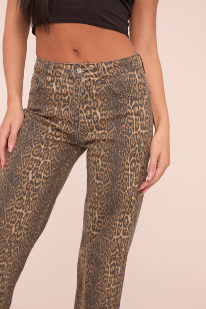 Beige Stretch Leopard Print Mid Waist Straight Leg Denim Jeans - Denise