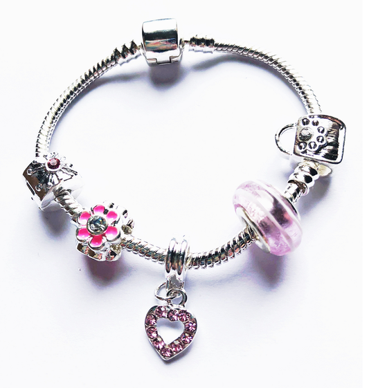 Adult's Pink 'Candy Heart' Silver Plated Charm Bead Bracelet