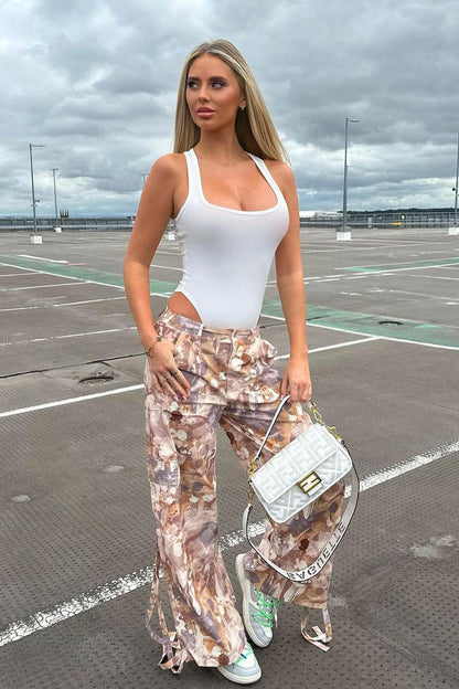 Beige Abstract Print Tie Hem Cargo Trousers - Britney