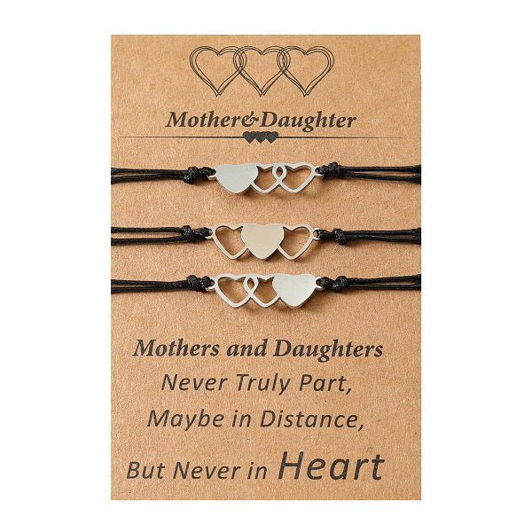 Adjustable Mother and Daughters Heart Trio Wish Bracelets with Presentation Card - Black