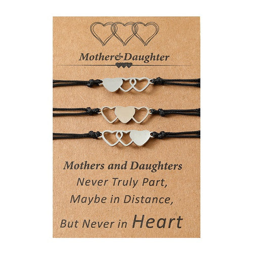 Adjustable Mother and Daughters Heart Trio Wish Bracelets with Presentation Card - Black