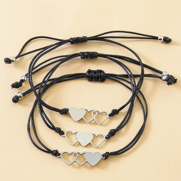 Adjustable Mother and Daughters Heart Trio Wish Bracelets with Presentation Card - Black