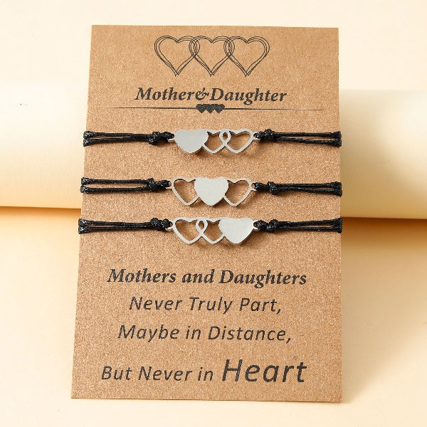 Adjustable Mother and Daughters Heart Trio Wish Bracelets with Presentation Card - Black