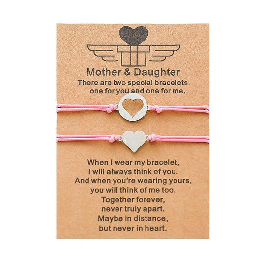 Adjustable Mother and Daughter Heart Wish Bracelets with Presentation Card - Powder Pink