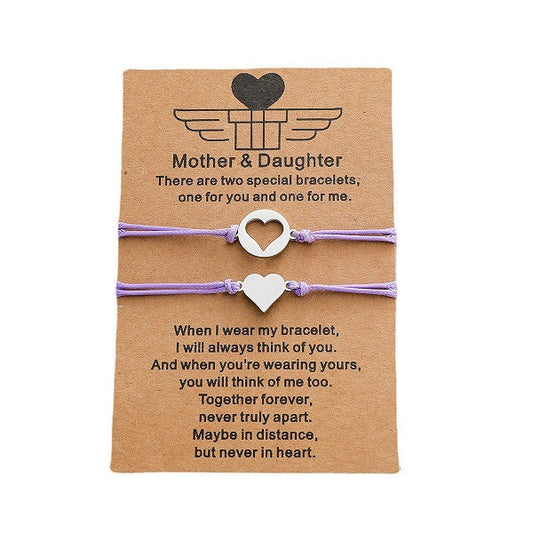 Adjustable Mother and Daughter Heart Wish Bracelets with Presentation Card - Lilac Purple