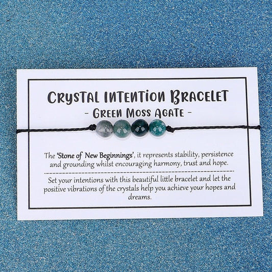 Adjustable 'Green Moss Agate - Stone of New Beginnings' Crystal Intention Wish / Friendship Bracelet