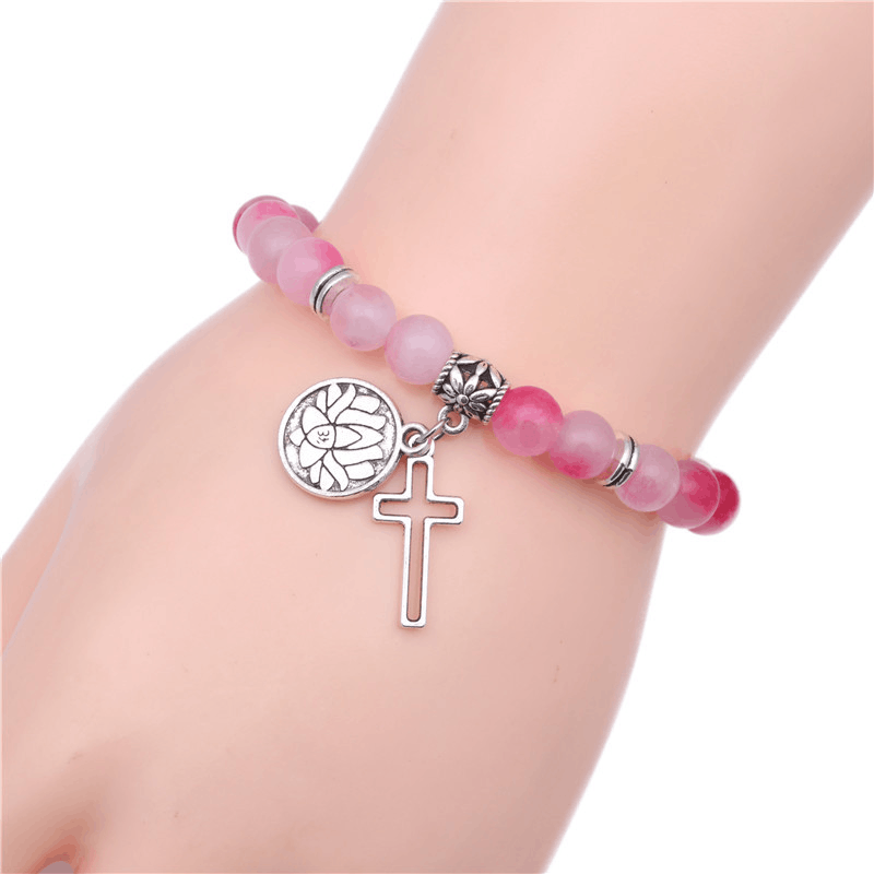 Adult's/Teenager's 'Pink Natural Agate' Beaded Yoga Stretch Bracelet with Lotus and Cross Pendant