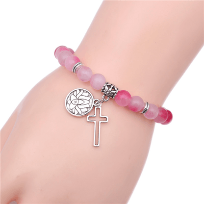 Adult's/Teenager's 'Pink Natural Agate' Beaded Yoga Stretch Bracelet with Lotus and Cross Pendant