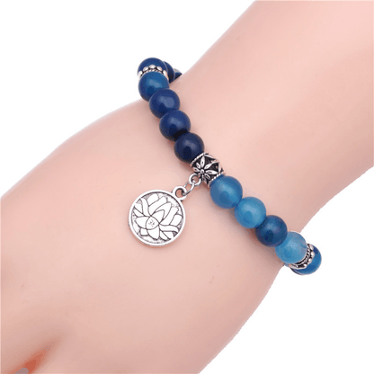 Adult's/Teenager's 'Blue Natural Agate' Beaded Yoga Stretch Bracelet with Lotus Pendant
