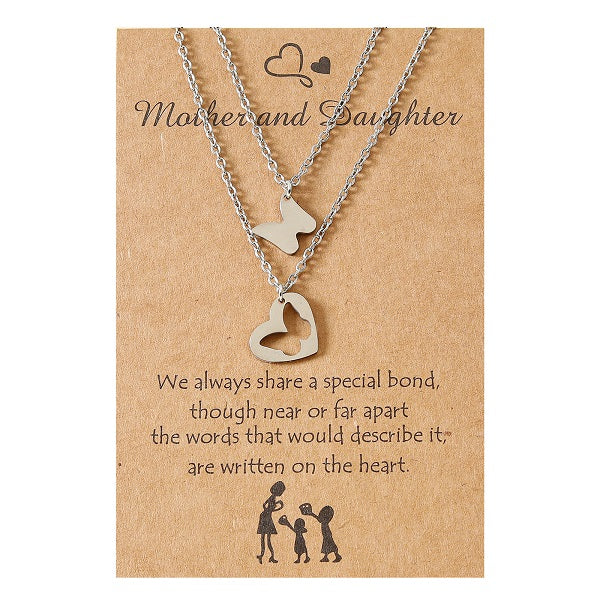 Adjustable Mother and Daughter Butterfly Heart Pendant Necklace Set with Presentation Card