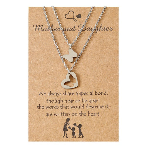 Adjustable Mother and Daughter Butterfly Heart Pendant Necklace Set with Presentation Card