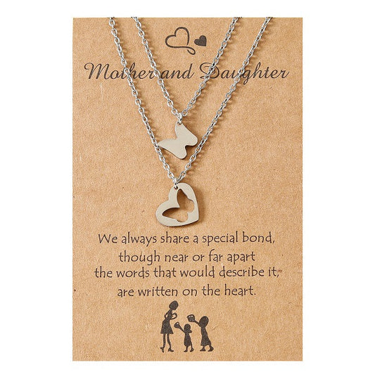 Adjustable Mother and Daughter Butterfly Heart Pendant Necklace Set with Presentation Card
