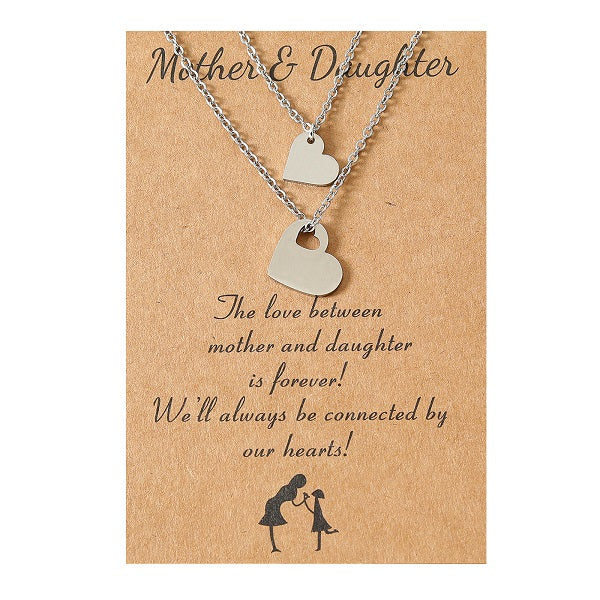 Adjustable Mother and Daughter Heart Pendant Necklace Set with Presentation Card
