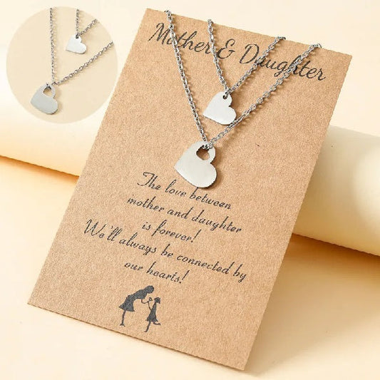 Adjustable Mother and Daughter Heart Pendant Necklace Set with Presentation Card