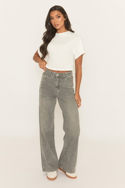Acid Wash Grey Wide Leg Jeans - Jelara