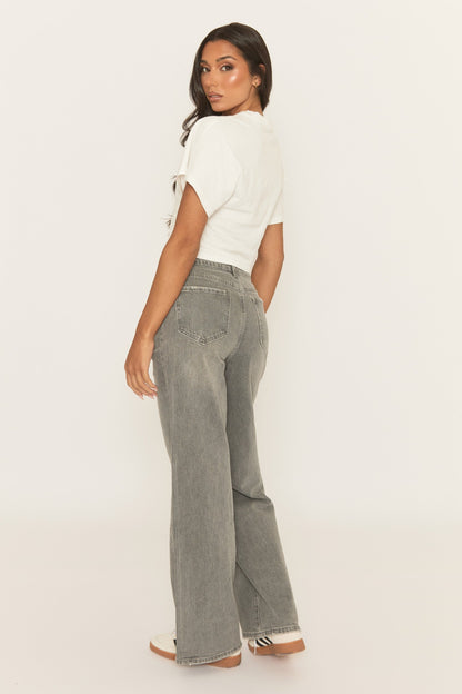 Acid Wash Grey Wide Leg Jeans - Jelara