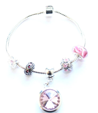 Adult's 'October Birthstone' Rose Coloured Crystal Silver Plated Charm Bead Bracelet