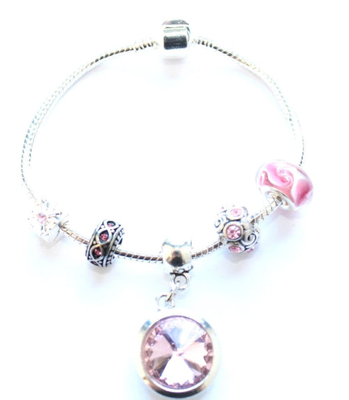 Adult's 'October Birthstone' Rose Coloured Crystal Silver Plated Charm Bead Bracelet