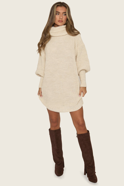 Beige Turtle Neck Knit Jumper Dress - Brooke