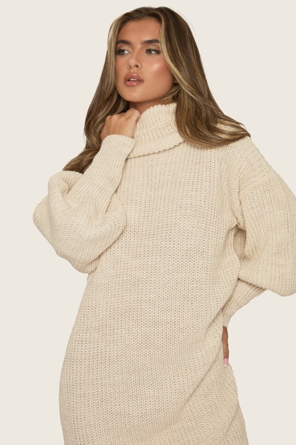 Beige Turtle Neck Knit Jumper Dress - Brooke
