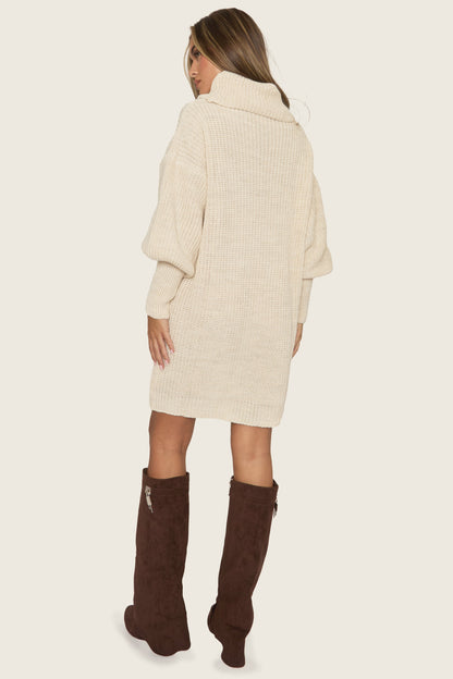 Beige Turtle Neck Knit Jumper Dress - Brooke