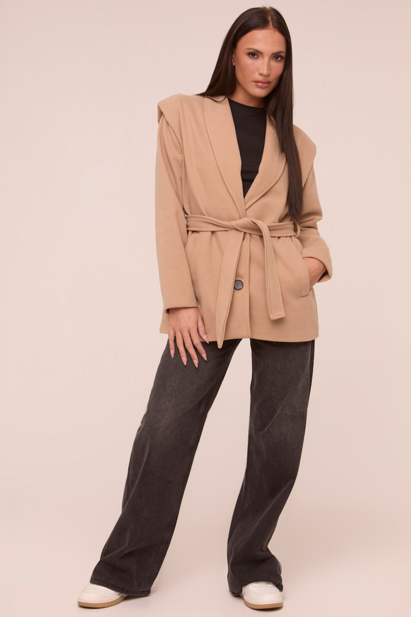Beige Wool Look Shoulder Pads Tie Front Long Sleeves Jacket - Gemma