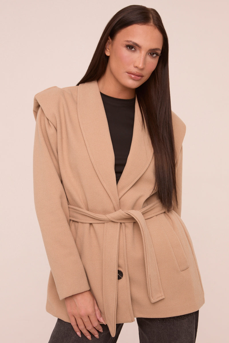 Beige Wool Look Shoulder Pads Tie Front Long Sleeves Jacket - Gemma