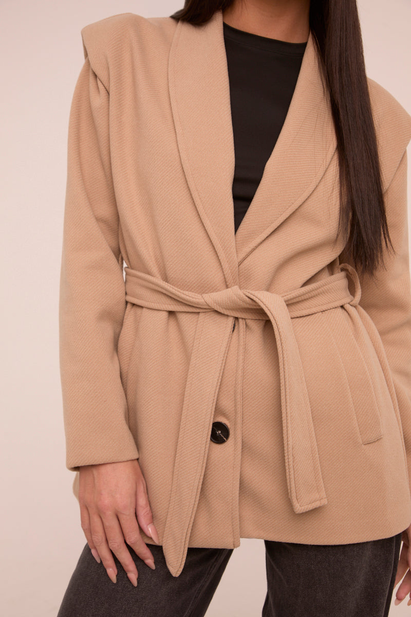 Beige Wool Look Shoulder Pads Tie Front Long Sleeves Jacket - Gemma