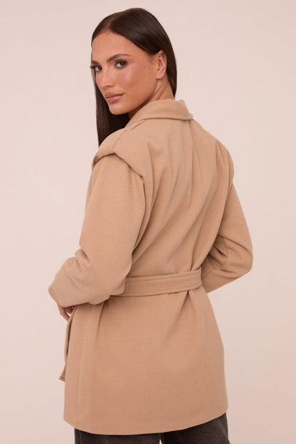 Beige Wool Look Shoulder Pads Tie Front Long Sleeves Jacket - Gemma