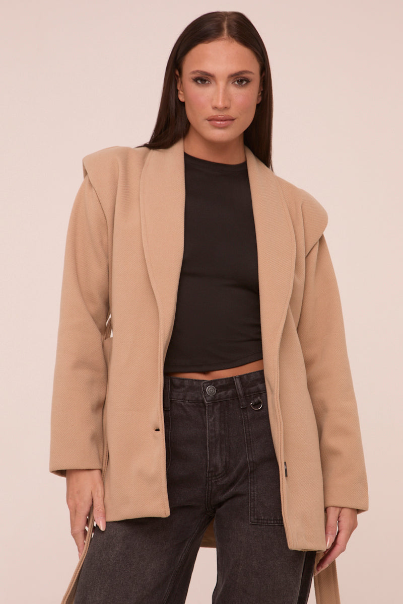 Beige Wool Look Shoulder Pads Tie Front Long Sleeves Jacket - Gemma
