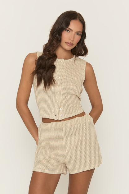 Beige Textured Button Detail Top and Shorts Co-Ord Set - Shivvy