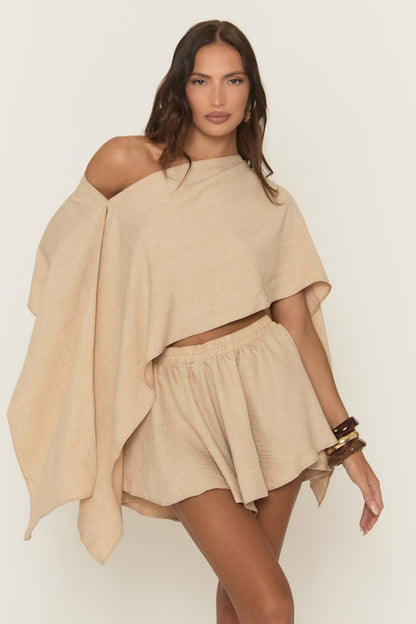 Beige Linen Look Asymmetric Top and Skort Co-ord Set - Keona